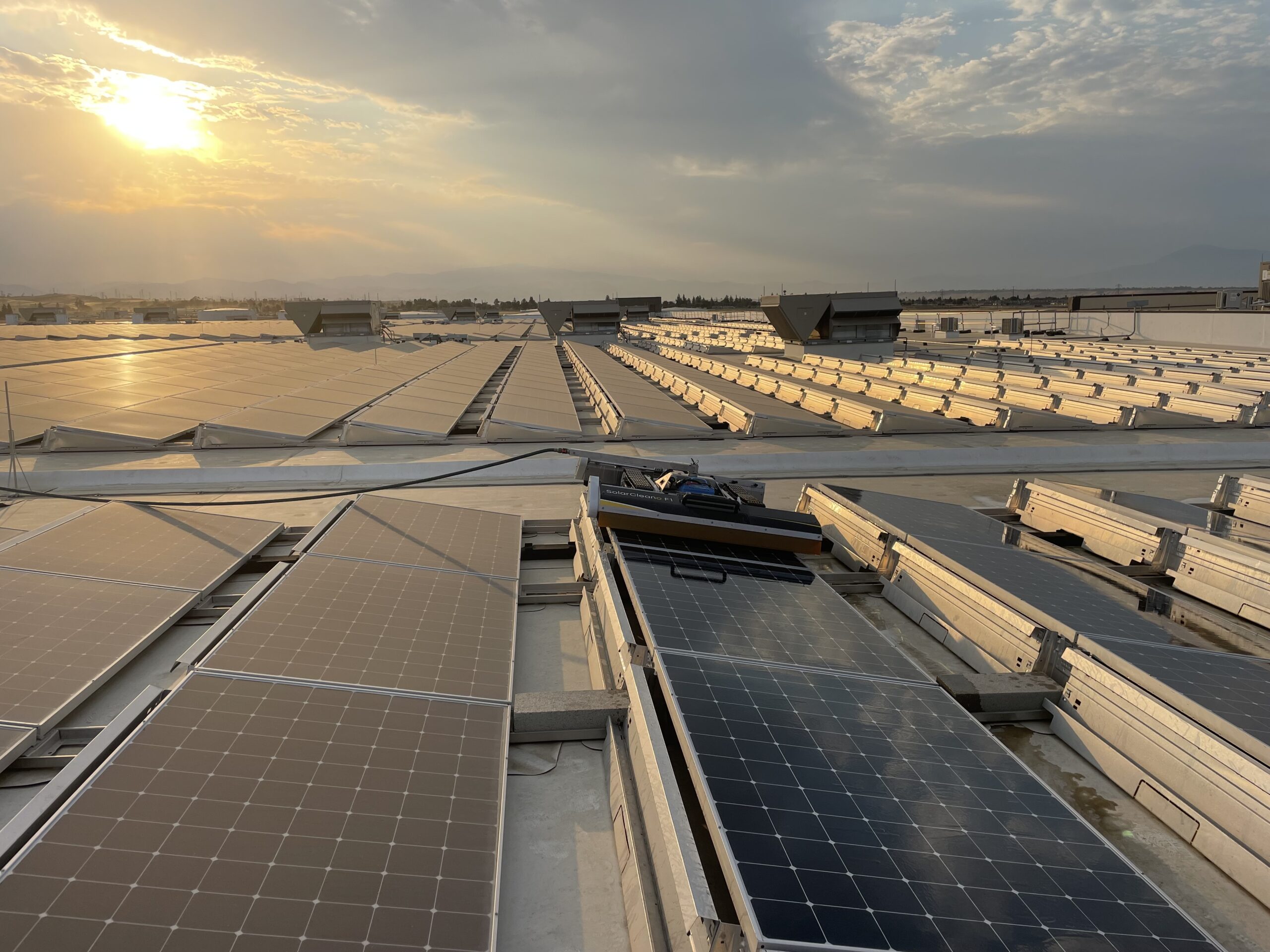 Solar panel cleaning in Winchester at sunrise