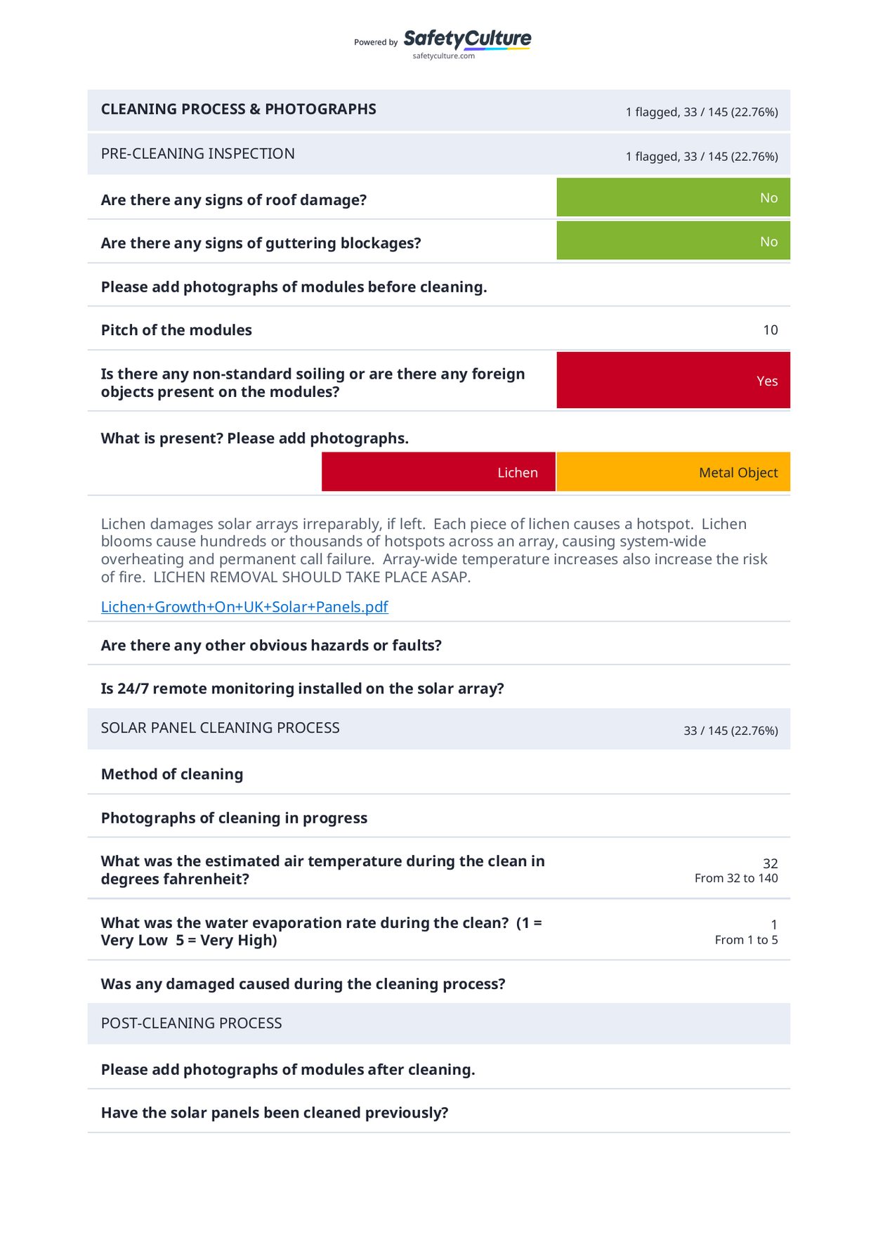 Example page from a CSSA rooftop solar panel cleaning report showing inspection findings and cleaning photographs