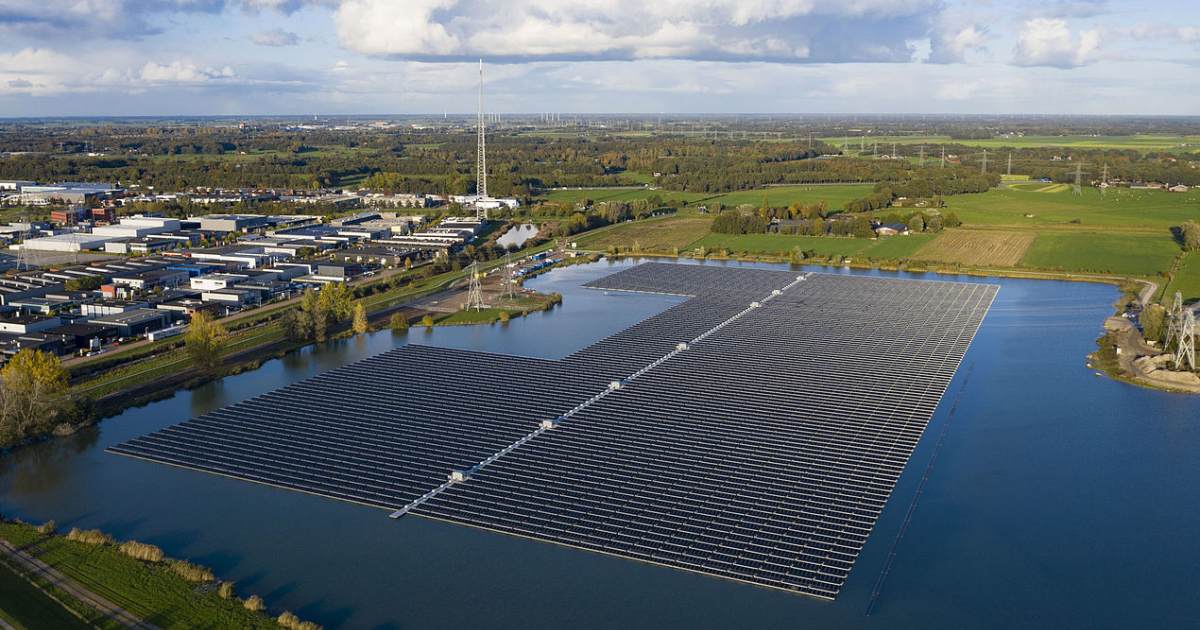 Large floating solar photovoltaic array installed on a body of water