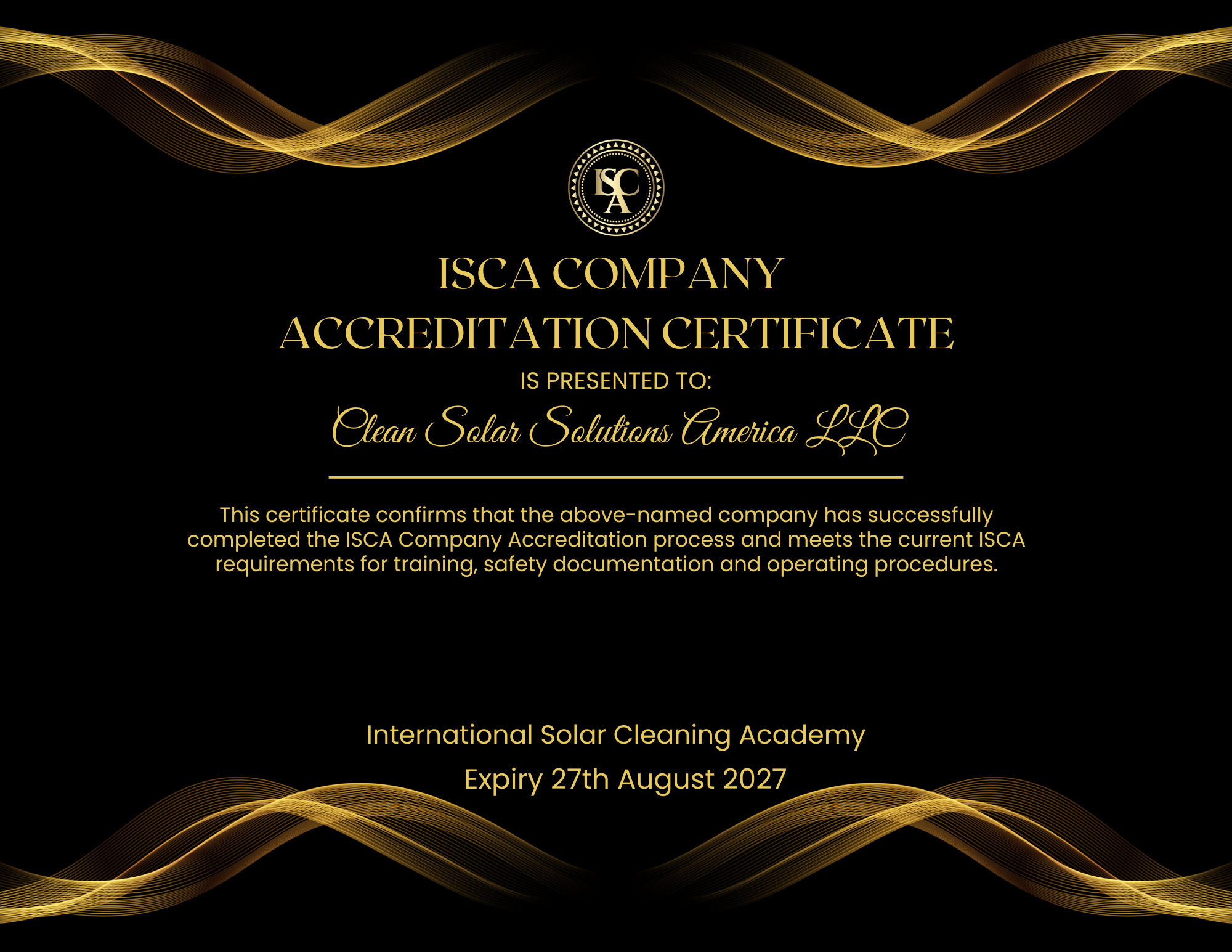 ISCA Company Accreditation Certificate awarded to Clean Solar Solutions America LLC
